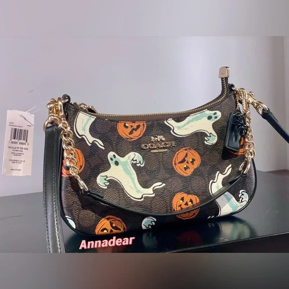 NWT Coach Teri Shoulder Bag In Signature Canvas Pumpkin Halloween Print CCE71 - Picture 9 of 15